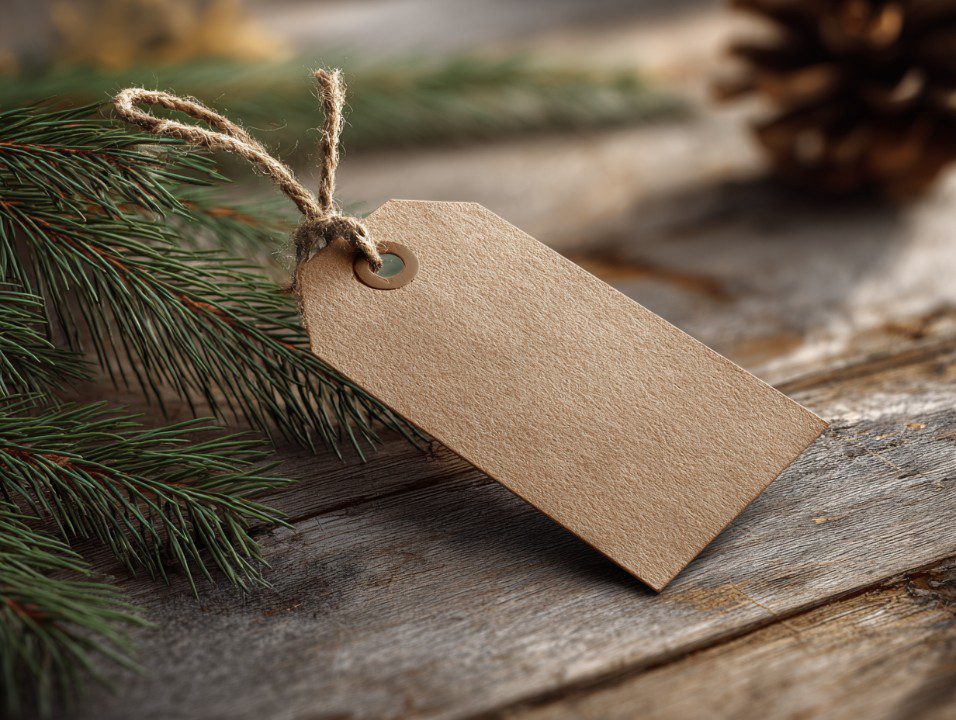 Blank kraft paper tag with jute string on rustic wooden surface, next to pine branches — ideal for branding or holiday packaging.