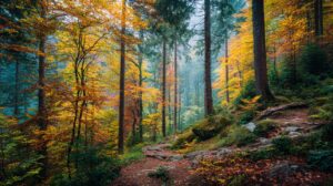 Forest path surrounded by colorful autumn trees with misty atmosphere, evoking peace, adventure, and natural beauty.