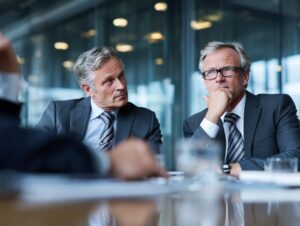 Two senior businessmen in suits attentively listening during a strategy meeting in a modern corporate boardroom.