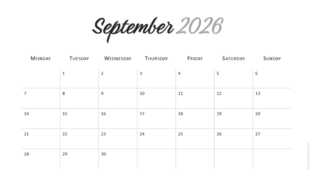 September 2026 calendar layout of Minimal 2026 Calendar with clear grid and elegant spacing for PowerPoint and Google Slides.