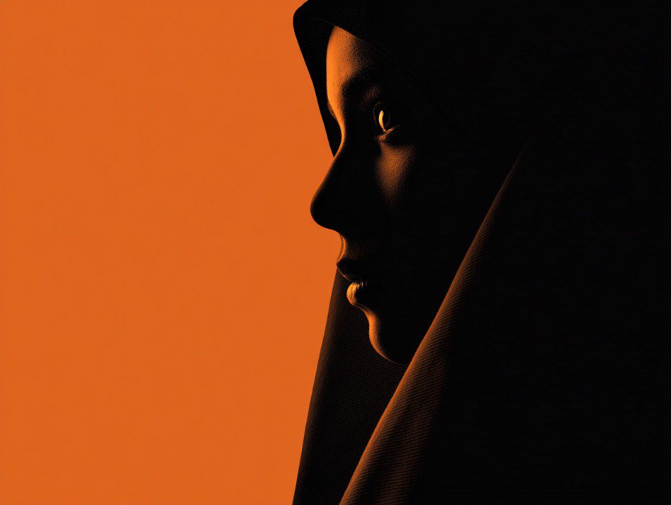 Side-profile silhouette of a person in shadow against a warm orange background, evoking emotion and mystery through artistic lighting.