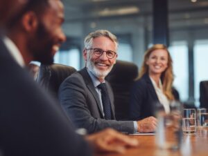 Group of business professionals smiling and discussing during a boardroom meeting, symbolizing teamwork, leadership, and collaboration.