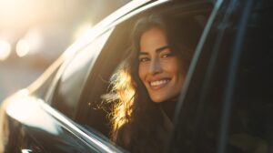 Woman with long wavy hair smiling through a car window during golden hour sunlight.