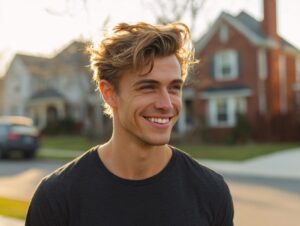 Young man with blonde hair smiling in a suburban neighborhood, captured in warm natural light for lifestyle or fashion themes.