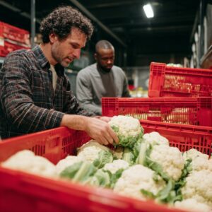 Two workers sorting cauliflower in red plastic crates at a produce warehouse, emphasizing food handling and agricultural logistics.