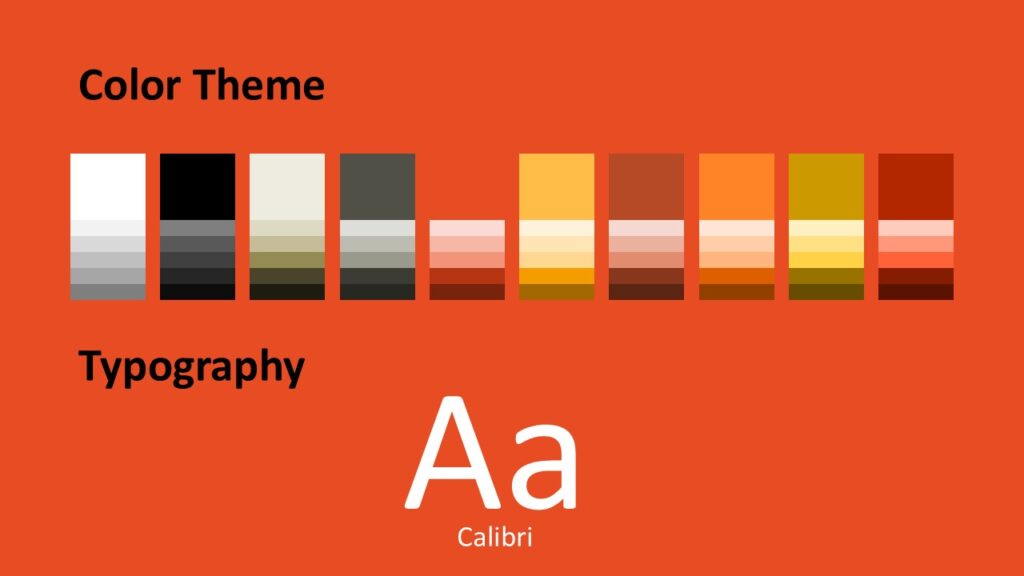 Sprint Motion PowerPoint and Google Slides Template – Colors and Fonts Color palette and Calibri typography slide for Sprint Motion PowerPoint and Google Slides template showing orange and neutral tones.