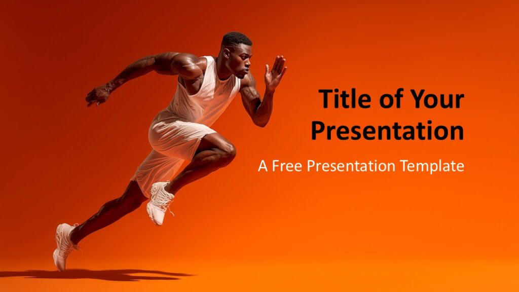 Sprint Motion PowerPoint and Google Slides Template – Cover Slide Cover slide of Sprint Motion PowerPoint and Google Slides template with a runner on an orange background symbolizing speed and focus.
