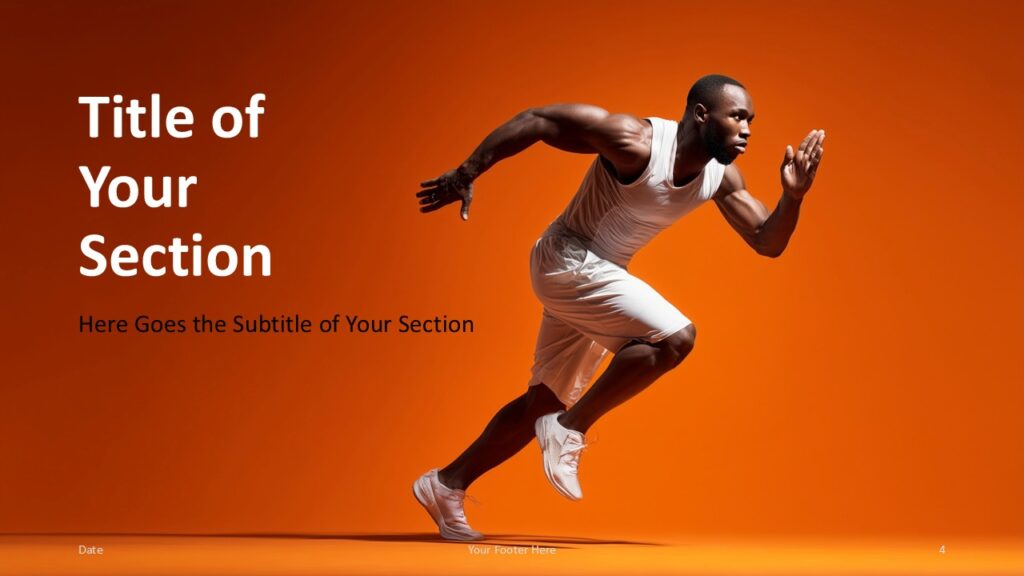 Sprint Motion PowerPoint and Google Slides Template – Section Divider Left Left-aligned section divider slide showing athlete in motion, ideal for transitions in PowerPoint and Google Slides presentations.