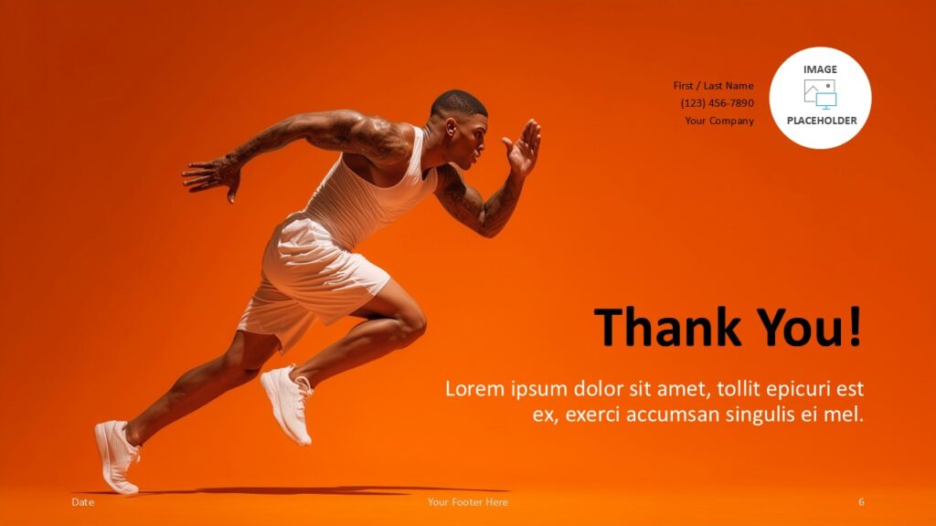 Sprint Motion Template for PowerPoint and Google Slides – Thank You Slide Thank you slide of Sprint Motion PowerPoint and Google Slides template with contact details and athlete on orange background.