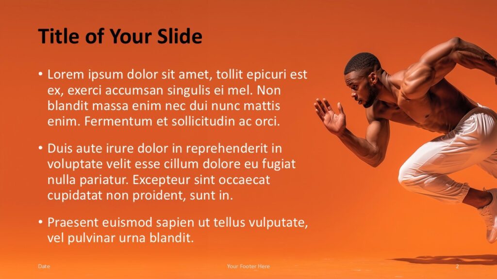 Sprint Motion Template – PowerPoint and Google Slides Content Layout Left Content slide for PowerPoint and Google Slides template featuring left text layout and dynamic running image on orange background.