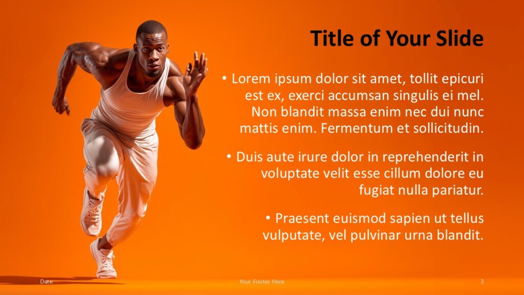 Sprint Motion Template – PowerPoint and Google Slides Content Layout Right Content layout with text on right side and athlete running image for PowerPoint and Google Slides presentation template.