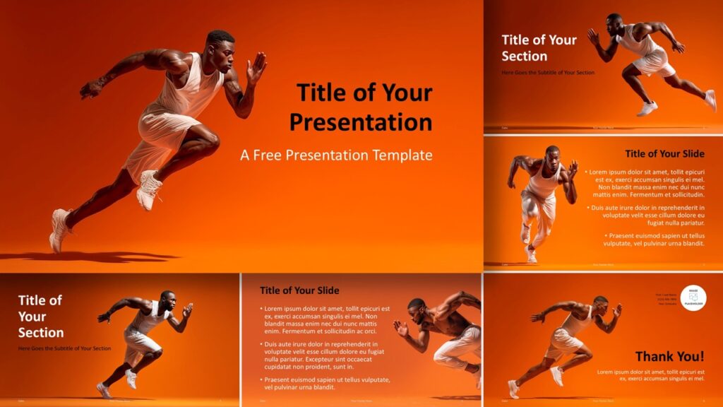 Widescreen preview of Sprint Motion PowerPoint and Google Slides template with energetic orange gradient and athlete imagery.