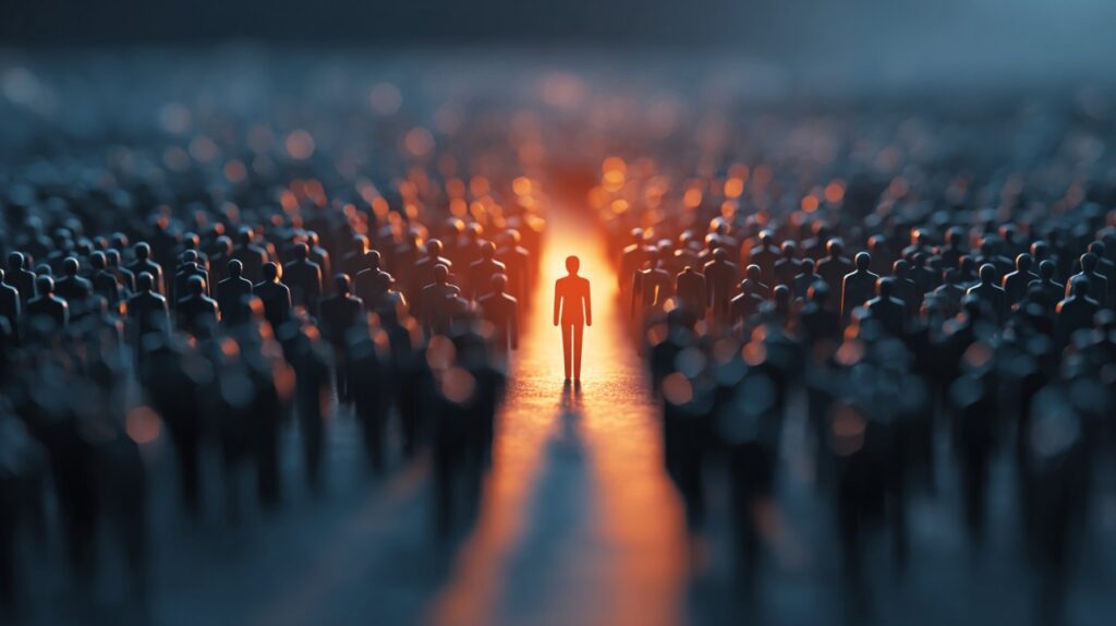 Glowing figure standing out in a dark crowd, symbolizing leadership, individuality, and influence.