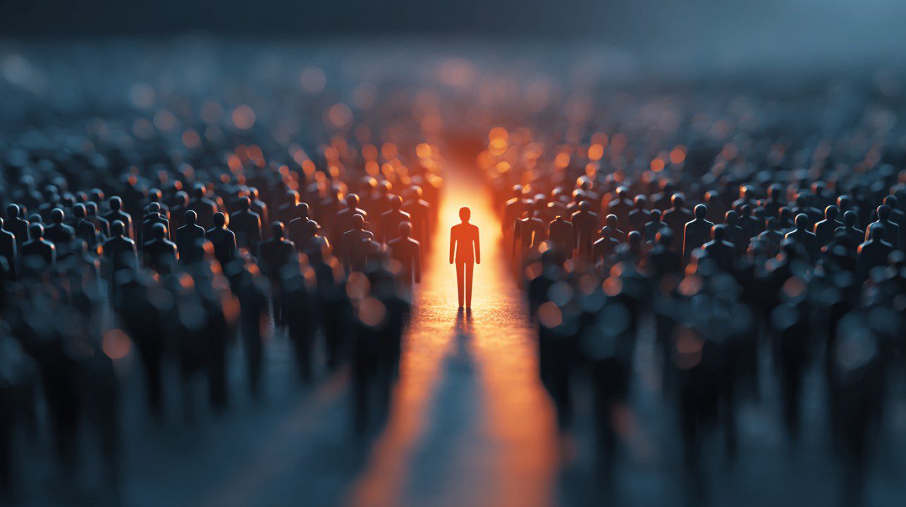 Glowing figure standing out in a dark crowd, symbolizing leadership, individuality, and influence.