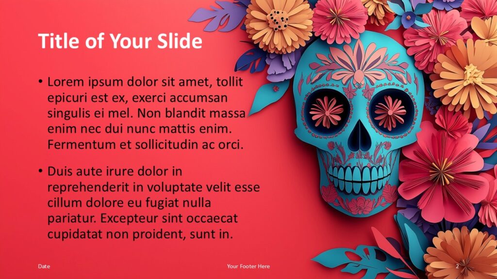 Sugar Skull Fiesta Red Content Slide for PowerPoint and Google Slides Red background PowerPoint and Google Slides layout with blue sugar skull illustration, editable text area, and floral decorations for creative talks.
