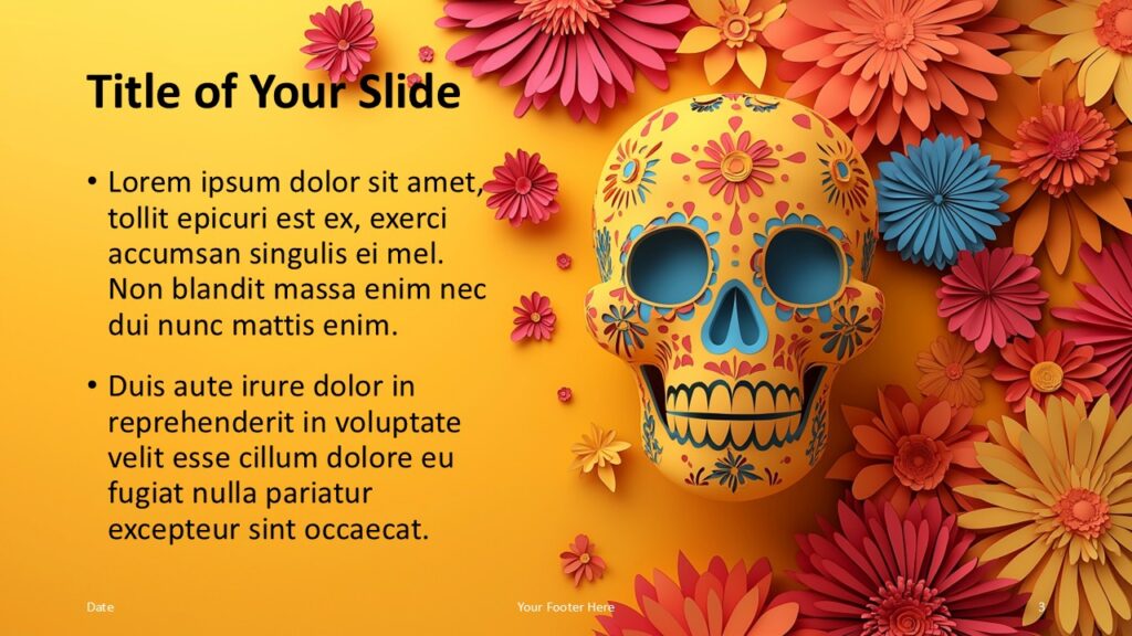 Sugar Skull Fiesta Yellow Content Slide for PowerPoint and Google Slides Yellow PowerPoint and Google Slides slide with colorful skull and flowers, providing ample space for text and images in a festive layout.