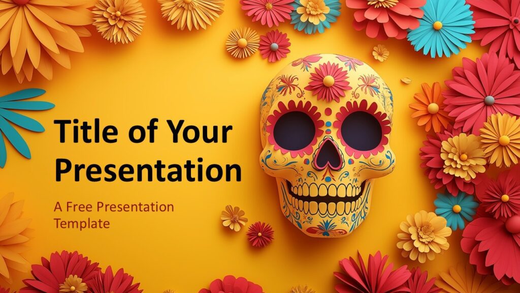 Sugar Skull Fiesta Cover Slide for PowerPoint and Google Slides Cover slide design for PowerPoint and Google Slides with yellow background, decorative skull, and colorful flowers framing presentation title area.