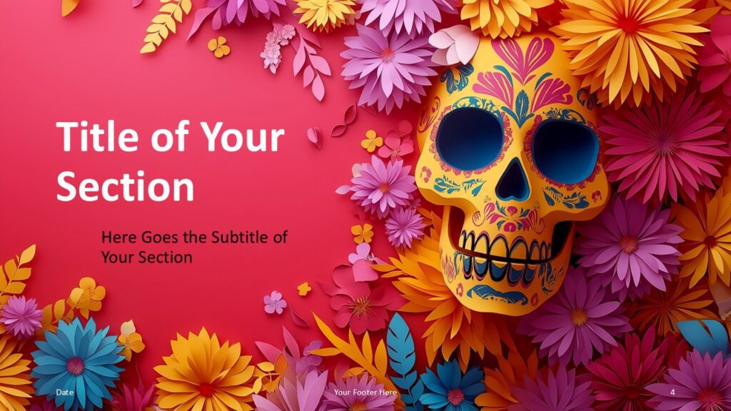Sugar Skull Fiesta Red Section Divider for PowerPoint and Google Slides Red section divider slide for PowerPoint and Google Slides showing decorative skull art with floral background and large white section title.