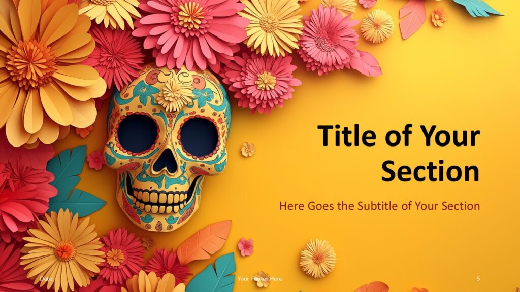 Sugar Skull Fiesta Yellow Section Divider for PowerPoint and Google Slides Bright yellow PowerPoint and Google Slides divider slide with sugar skull motif and paper-flower border to mark new sections in presentations.