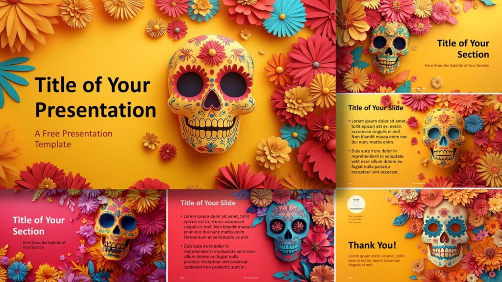 Sugar Skull Fiesta Widescreen Preview for PowerPoint and Google Slides Widescreen preview of Sugar Skull Fiesta PowerPoint and Google Slides template showing decorative skulls and bright floral motifs in yellow and red tones.