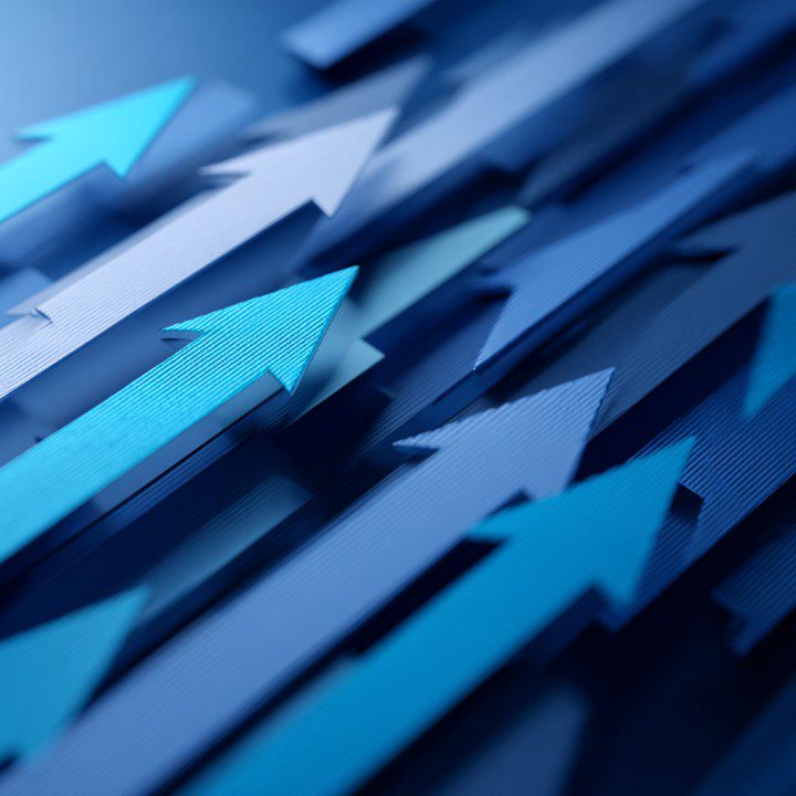 Multiple upward arrows in blue shades symbolize progress, success, and business growth — ideal for strategic and financial visuals.