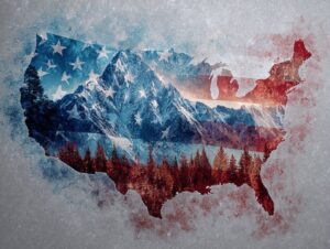 Artistic USA map with a double exposure of the American flag and a scenic landscape of mountains and forests, symbolizing patriotism and nature.