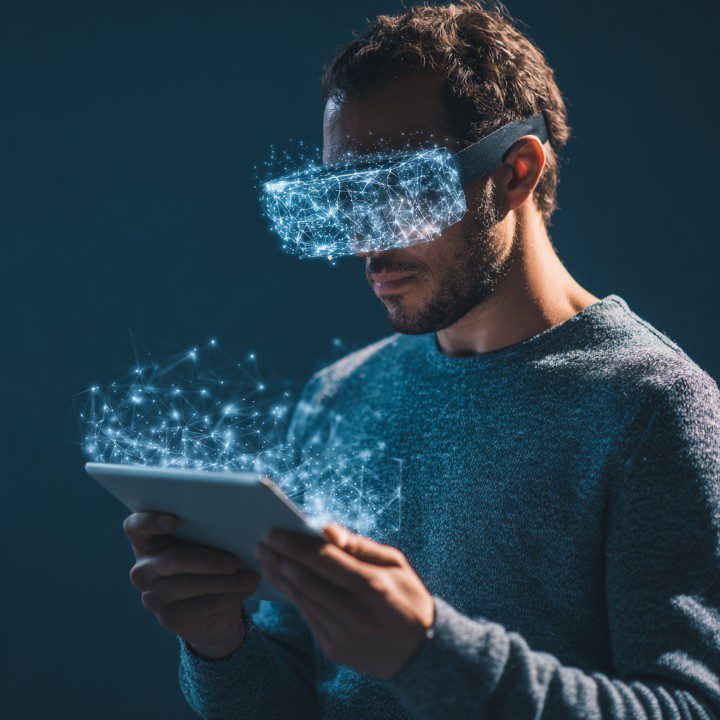 A man using a digital tablet while wearing a virtual reality headset with holographic network effects, symbolizing futuristic technology.