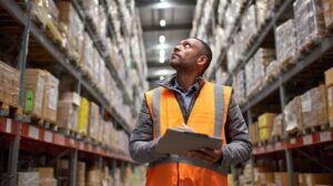 Man in high-visibility vest checking stock levels with a clipboard inside a large warehouse, highlighting logistics and inventory management.