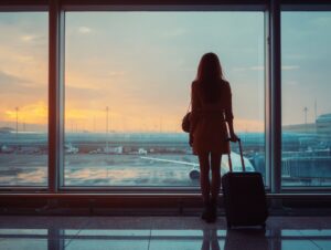 Silhouette of a woman standing with luggage at an airport window at sunrise, waiting for her flight.