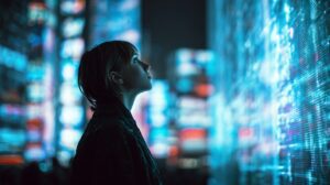 A woman gazes at a glowing digital wall in a futuristic neon-lit city, evoking themes of technology, data, and innovation.