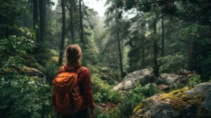 Woman with orange backpack hiking in a misty green forest with moss-covered rocks and trees.