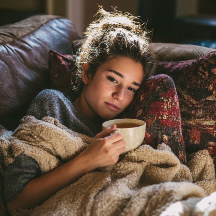 Young woman wrapped in a blanket, holding a cup of tea while resting on a cozy couch.
