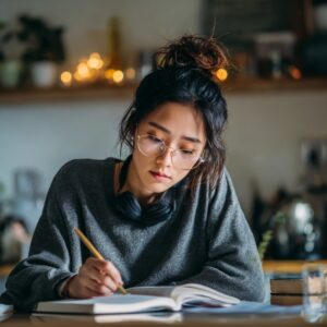 Young woman with glasses and headphones writing in a notebook at home, representing focused study and remote learning in a cozy setting.