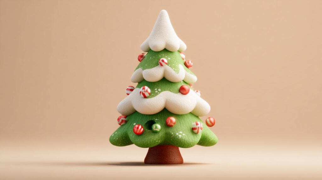 Cute 3D-rendered Christmas tree with snow-covered branches and colorful candy ornaments, perfect for holiday-themed visuals.