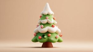 Cute 3D-rendered Christmas tree with snow-covered branches and colorful candy ornaments, perfect for holiday-themed visuals.