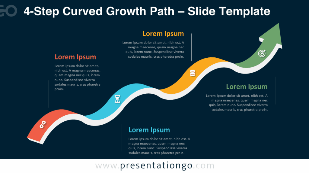A four-stage curved growth path PowerPoint graphic featuring colored segments, icons, and a rising arrow that highlights progress; fully compatible with Google Slides.