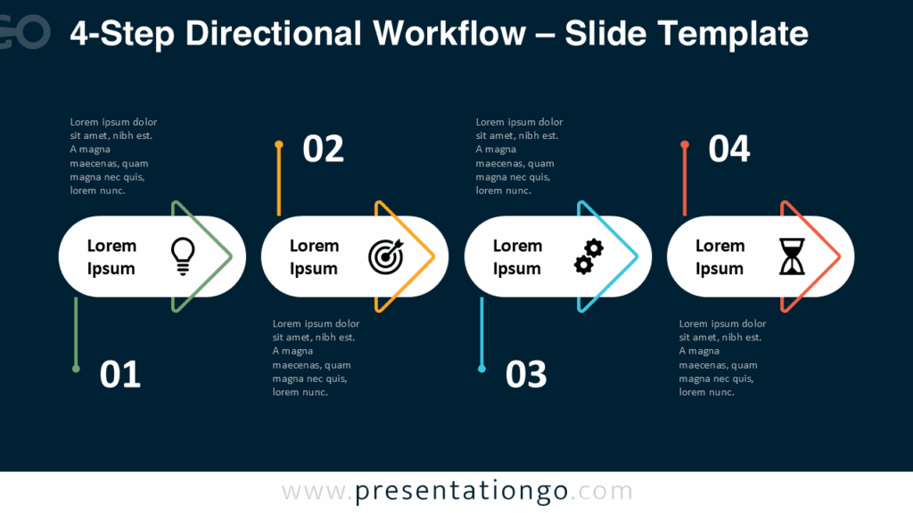 4-Step Directional Workflow Dark Background for PowerPoint Dark background version of the 4-step directional workflow diagram for PowerPoint and Google Slides, highlighting arrows, icons, and enhanced contrast for presentations.