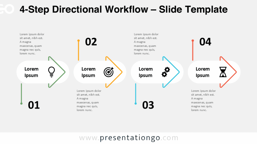 Slide view of the 4-step directional workflow diagram for PowerPoint and Google Slides, showing arrows, icons, and color-coded steps for clear presentation flow.