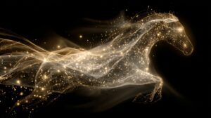 Abstract golden silhouette of a galloping horse made from flowing light particles on a black background, symbolizing energy and freedom.