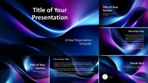 Aurora Stream template preview highlighting its gradient design and versatile slide layouts for use in both PowerPoint and Google Slides presentations.