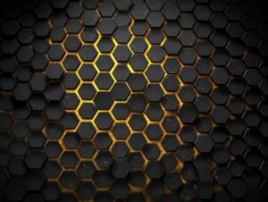 3D black hexagonal surface with gold highlights glowing through the gaps, creating a luxurious and futuristic metallic pattern.