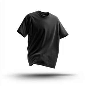 Isolated black T-shirt floating on a white background, perfect for mockup or apparel design.