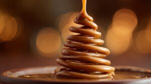 Glossy caramel sauce drizzled into a swirling ribbon shape with warm bokeh background.