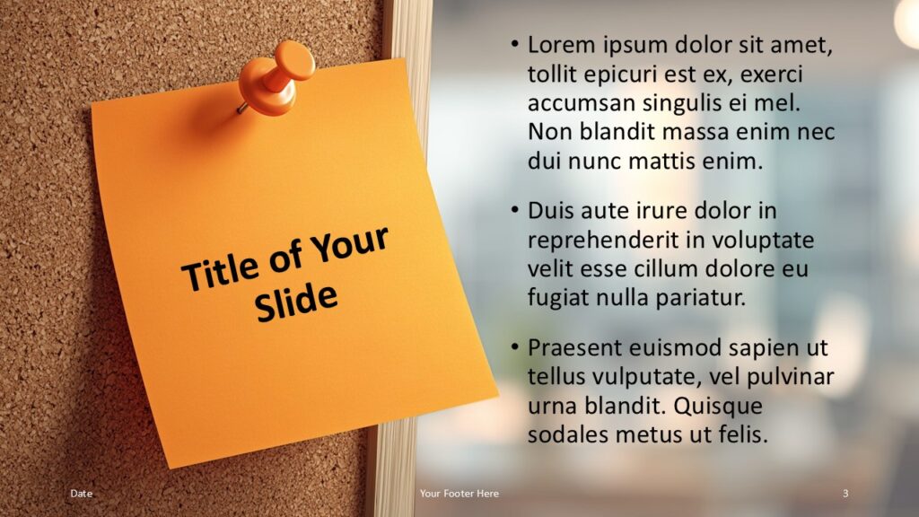 Corkboard Sticky Notes Template for PowerPoint and Google Slides – Title & Content (Option 2) Alternate content slide from the Corkboard Sticky Notes Template for PowerPoint and Google Slides with orange note title left and bullet points right.