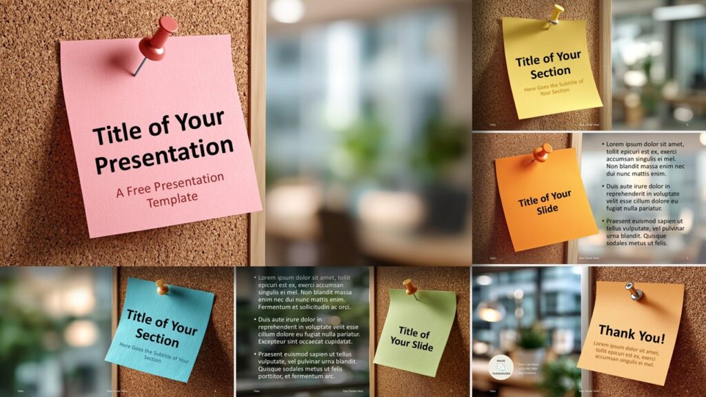 Corkboard Sticky Notes Template for PowerPoint and Google Slides – Full Slides Preview Full set preview of the Corkboard Sticky Notes Template for PowerPoint and Google Slides, displaying every slide layout in one clean, readable image.