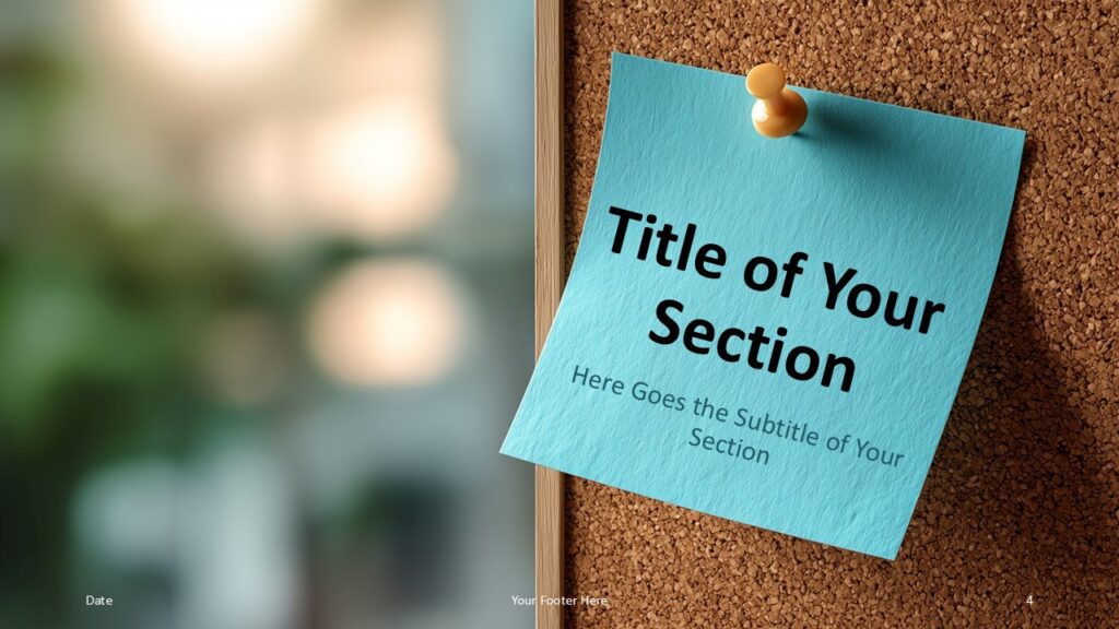 Corkboard Sticky Notes Template for PowerPoint and Google Slides – Section Divider (Option 1) Section divider slide from the Corkboard Sticky Notes Template for PowerPoint and Google Slides featuring a blue pinned note with title and subtitle.
