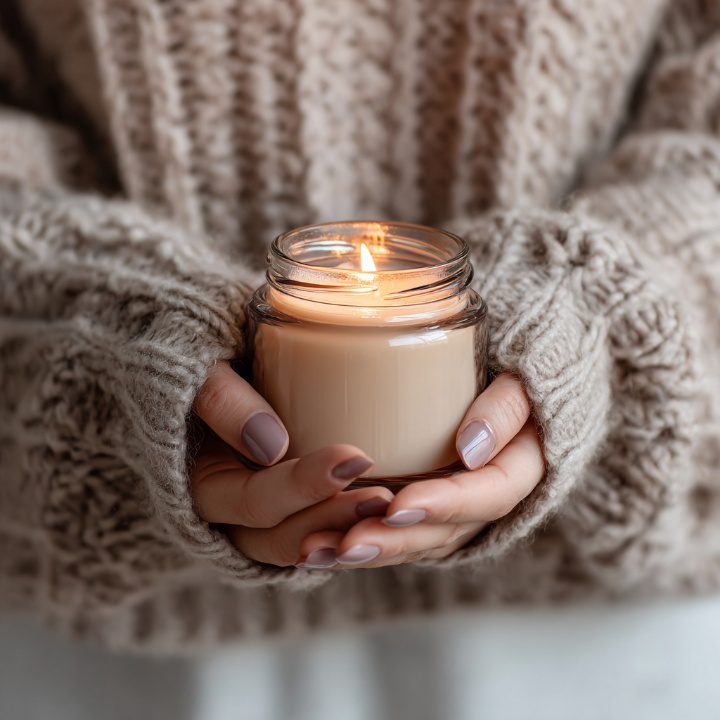 Close-up of hands in a knitted sweater holding a glowing beige candle in a glass jar, evoking a cozy and calming atmosphere.
