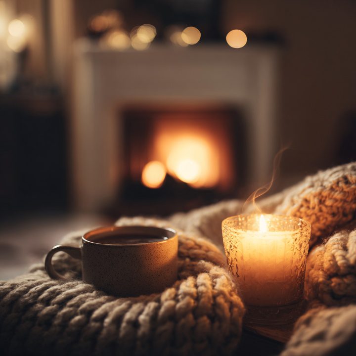 Warm and cozy winter setting with a candle, cup of tea, and fireplace in the background, evoking comfort and relaxation.