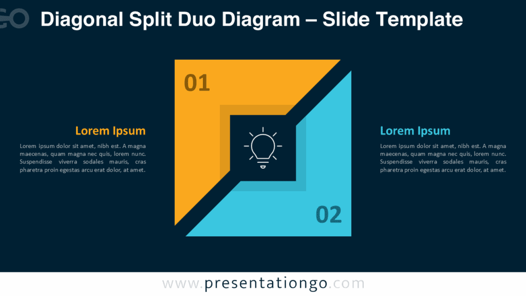 Diagonal Split Duo Diagram PowerPoint Dark Background Diagonal Split Duo Diagram for PowerPoint and Google Slides displayed on a dark background with strong contrast between the orange and cyan segments.