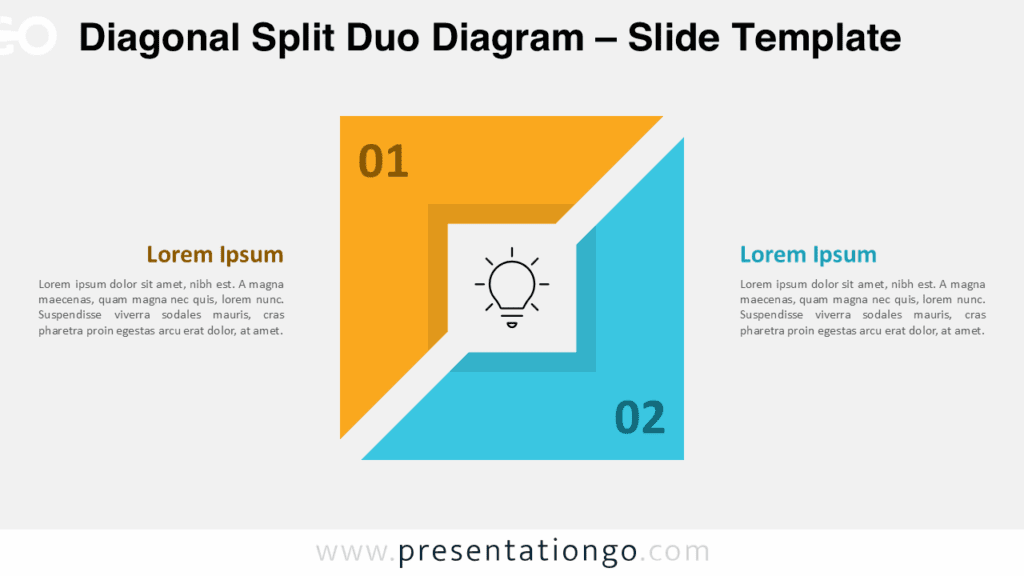 Diagonal Split Duo Diagram for PowerPoint and Google Slides showing the two-section layout with orange and cyan shapes to compare ideas clearly.